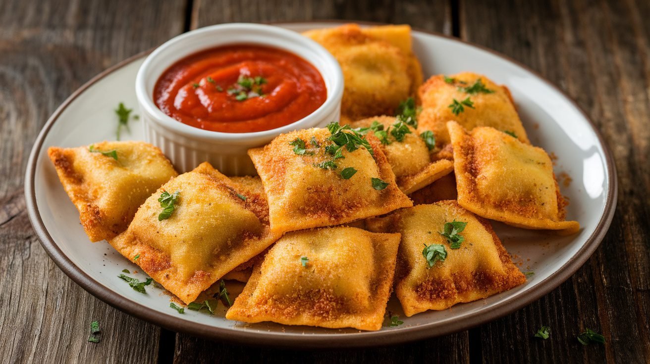Crispy toasted ravioli on a plate with marinara sauce, garnished with parsley.