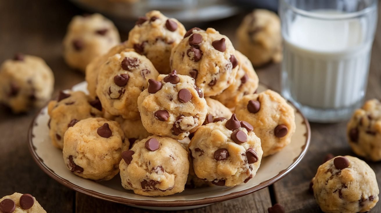 A plate of chocolate chip cookie balls with chocolate chips on top, accompanied by a glass of milk.