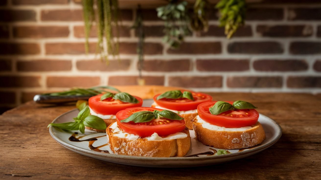 Golden-brown tomato basil cheese toasts topped with tomatoes and basil on a rustic wooden table.