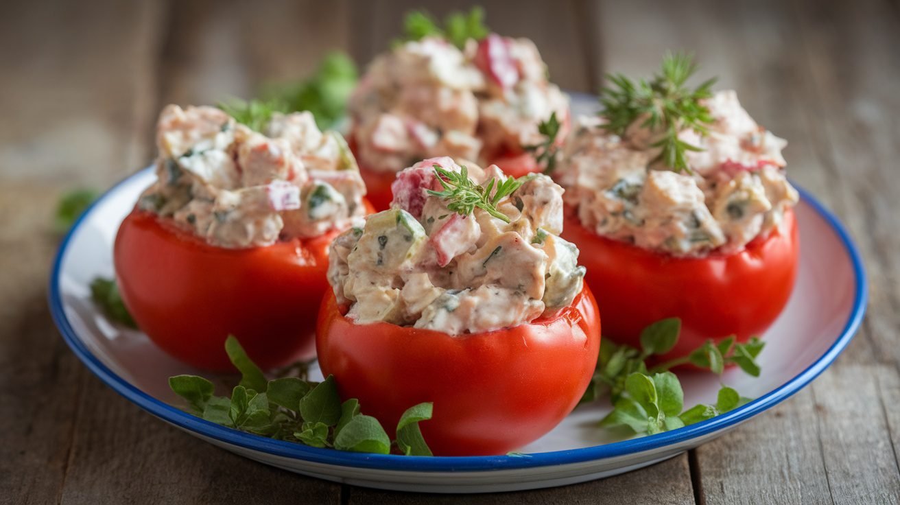 Stuffed tomatoes filled with chicken salad on a rustic plate, garnished with herbs.