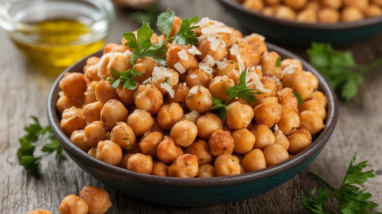 Crispy roasted garlic parmesan chickpeas in a bowl, garnished with parsley, on a rustic table.