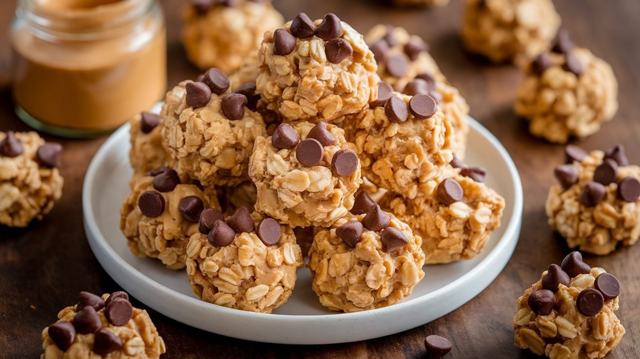 A plate of no-bake peanut butter oat bites with chocolate chips on a rustic wooden table.