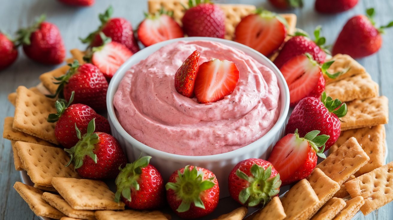 A bowl of strawberry cream cheese dip with fresh strawberries and graham crackers on a wooden table.