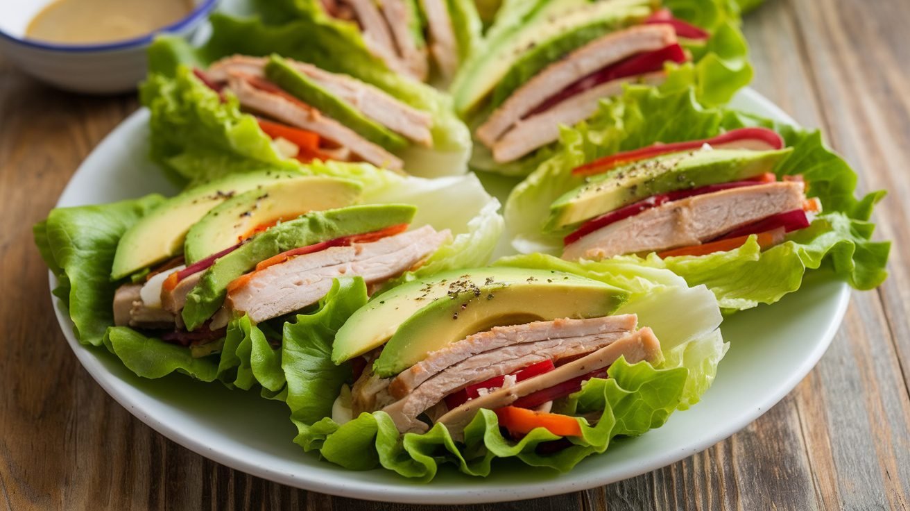 Turkey avocado lettuce wraps filled with turkey, avocado, cucumber, and tomato on a rustic table.