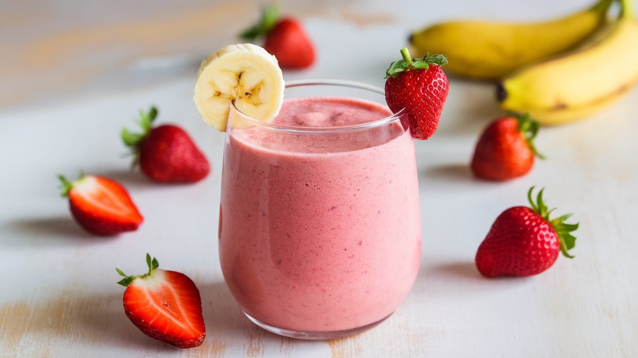 A refreshing strawberry banana smoothie in a glass, garnished with banana and strawberry slices, on a wooden table.