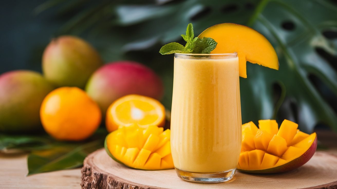 A tall glass of tropical mango smoothie garnished with mango slice and mint, surrounded by fresh fruits.