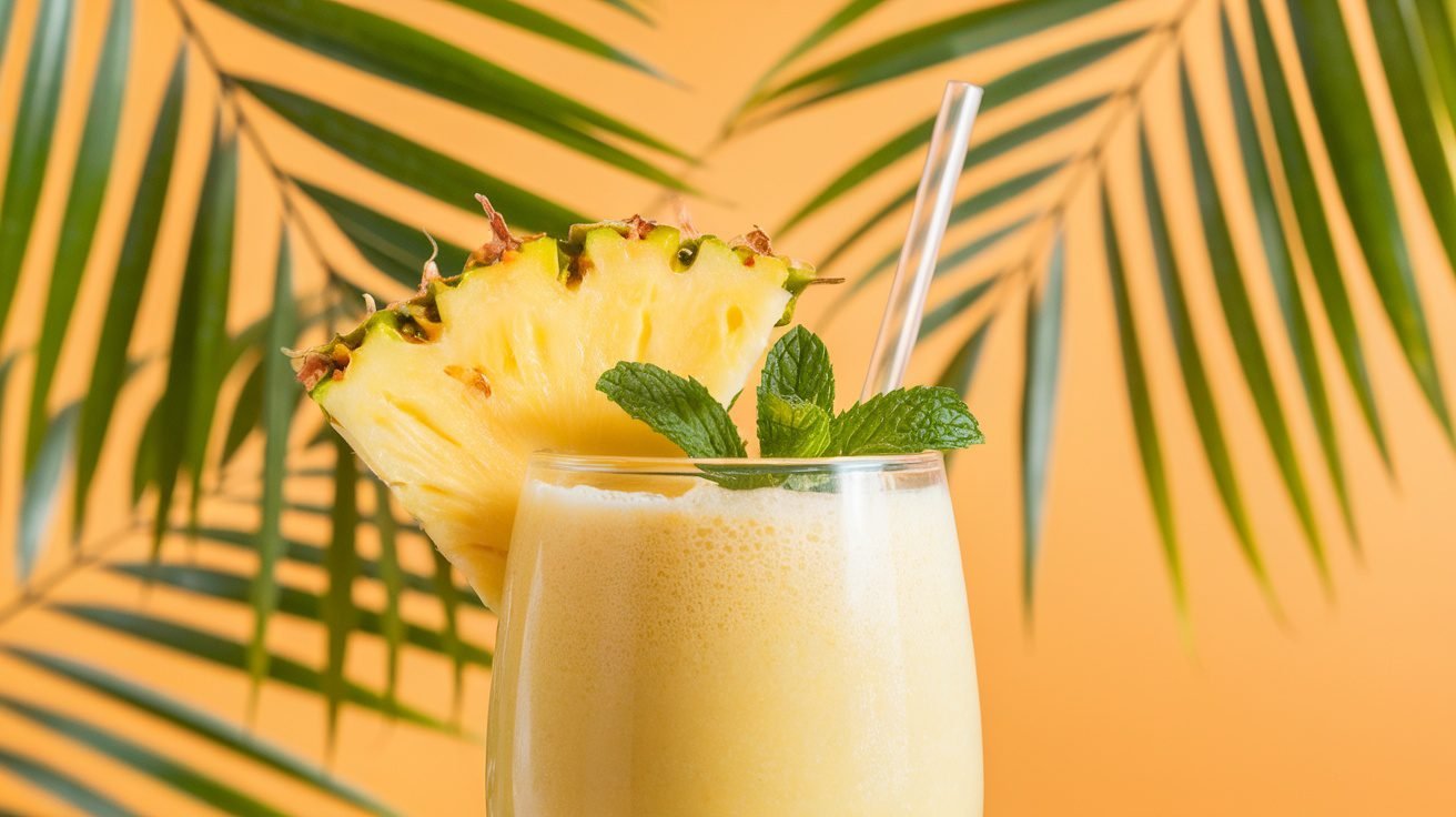 A tropical pineapple coconut smoothie in a glass, garnished with pineapple slice and mint.