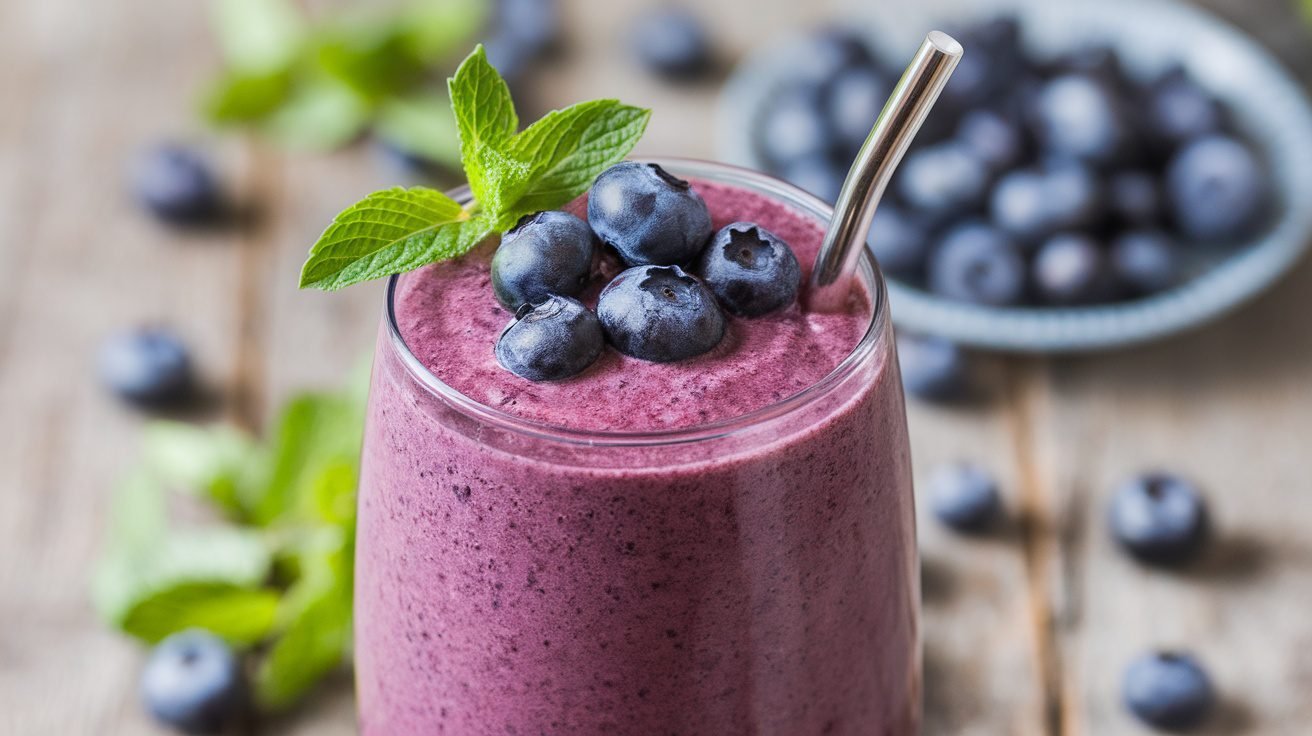 A tall glass of blueberry smoothie topped with fresh blueberries and mint on a wooden table.