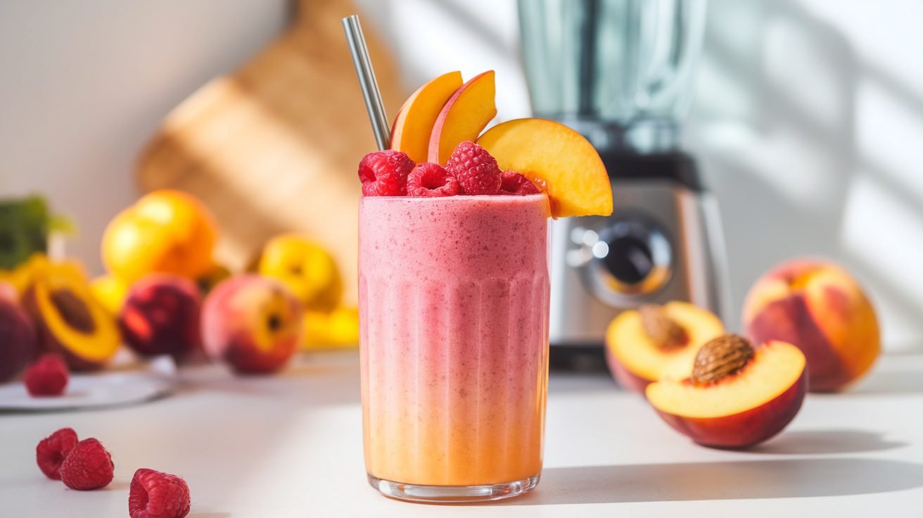 A colorful Raspberry Peach Sunrise smoothie in a glass, garnished with raspberries and peach slices.