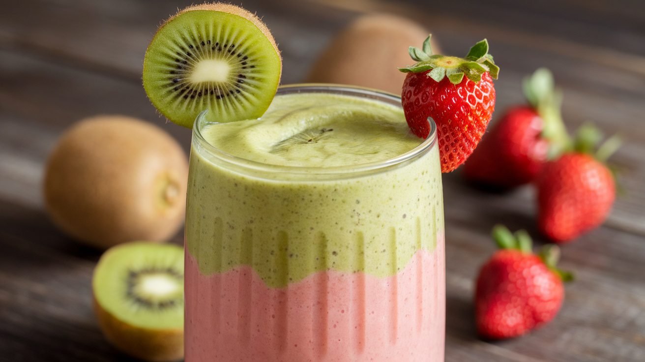 A refreshing kiwi strawberry smoothie in a glass, garnished with kiwi and strawberry, on a wooden table.