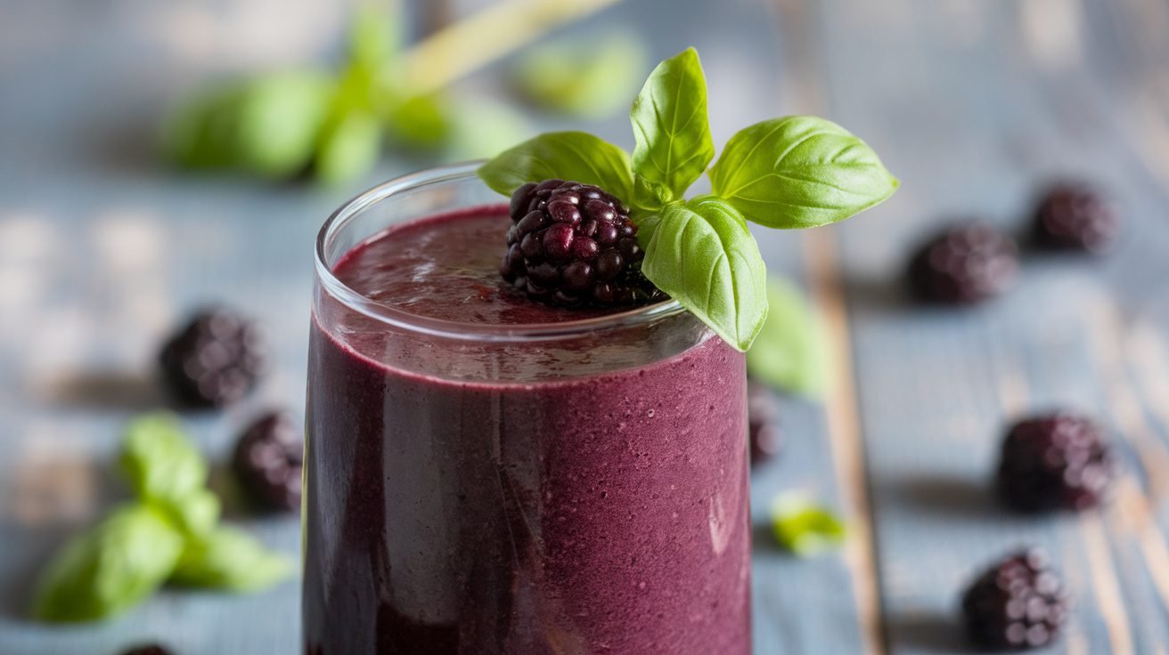 A refreshing blackberry basil smoothie in a glass, garnished with basil and blackberries on a rustic table.
