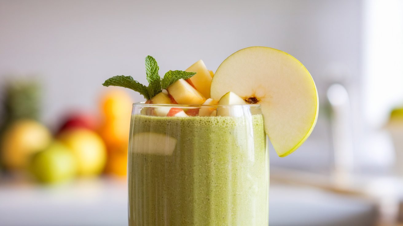 A refreshing apple pear detox smoothie in a glass, garnished with a pear slice and mint.