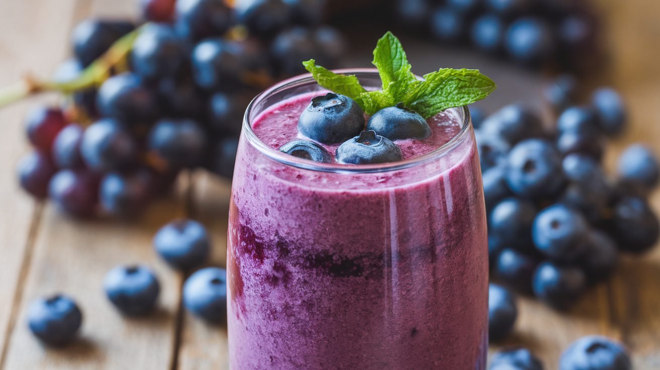 A refreshing grape and blueberry smoothie in a glass, garnished with blueberries and mint, on a wooden table.