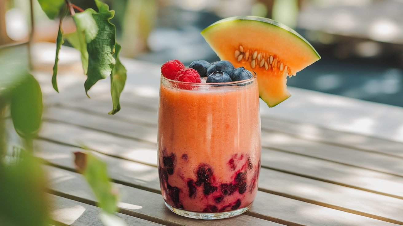 A refreshing glass of melon berry smoothie with berries and melon slice, set on a sunny outdoor table.
