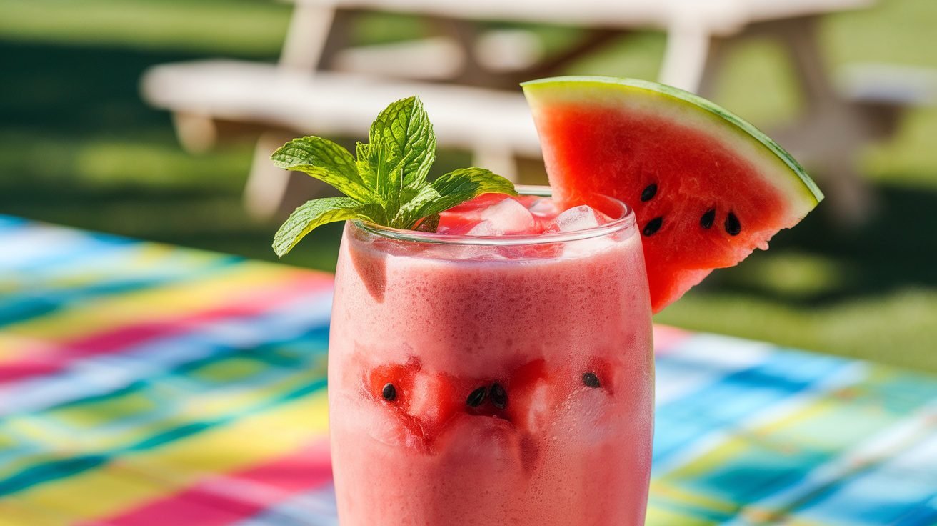 A glass of watermelon mint cooler with mint leaves and watermelon slice, served over ice in a sunny outdoor setting.