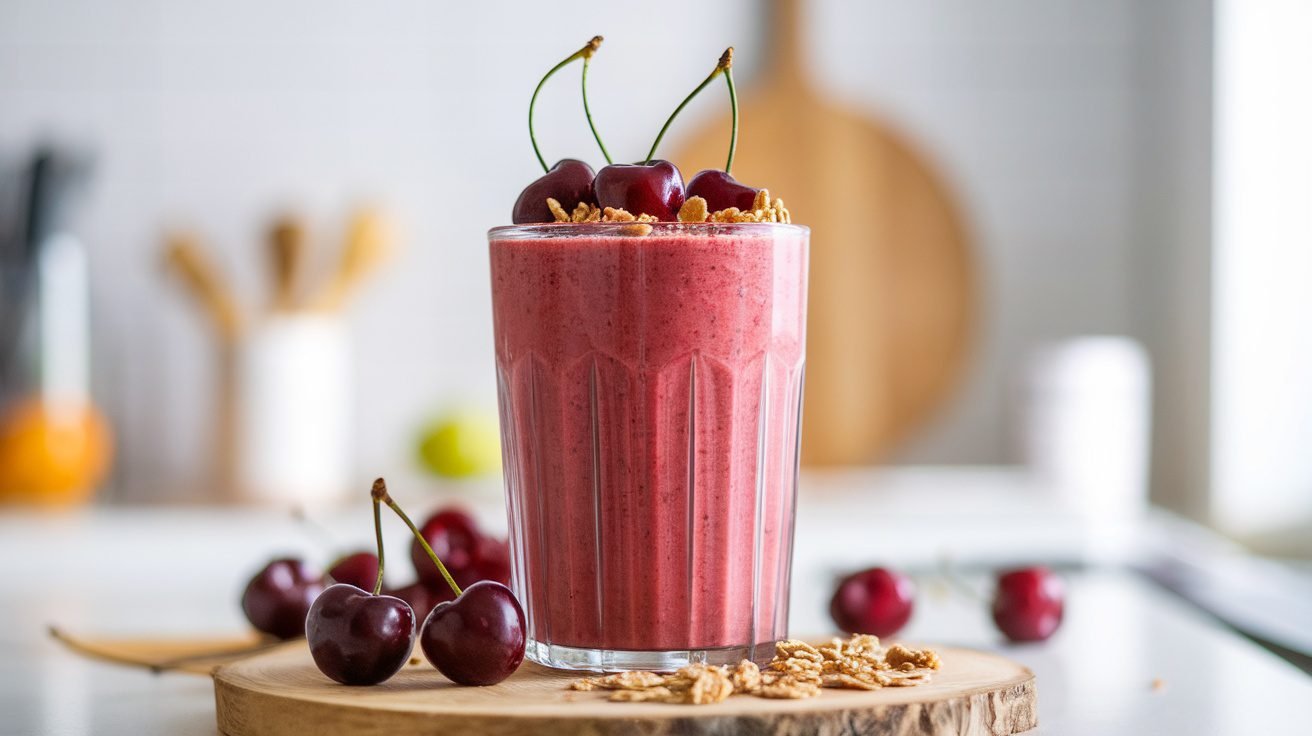 A refreshing cherry vanilla smoothie in a glass, garnished with cherries and granola.