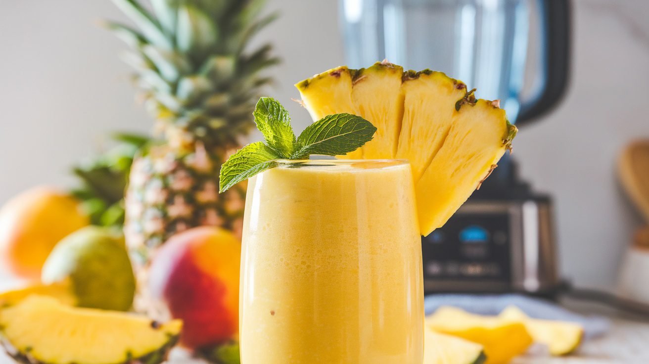 A refreshing mango pineapple smoothie in a glass, garnished with pineapple slice and mint.