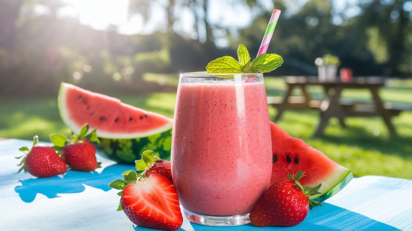 A refreshing strawberry watermelon smoothie in a glass, garnished with mint, surrounded by fresh strawberries and watermelon slices.