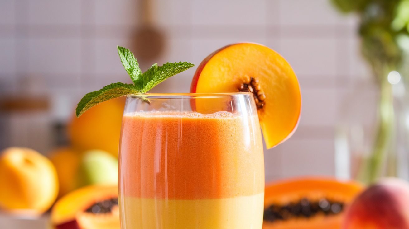 A refreshing papaya peach smoothie in a glass, garnished with a peach slice and mint.