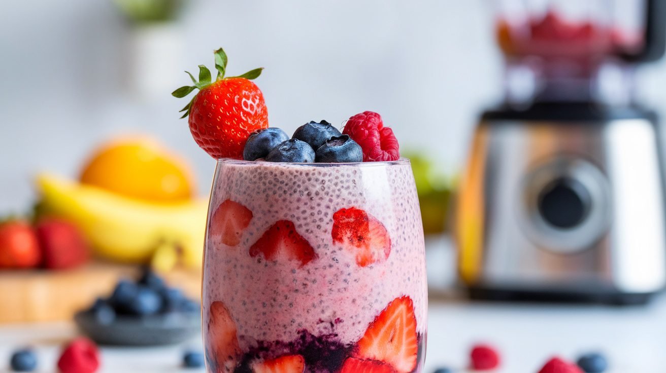 A colorful mixed berry chia smoothie in a glass, garnished with chia seeds and berries, on a kitchen counter.