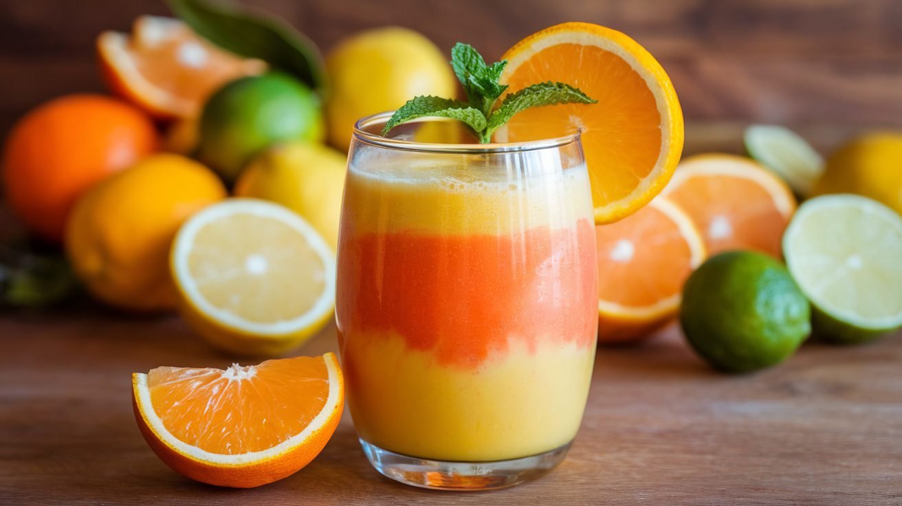 A refreshing Citrus Splash Smoothie garnished with orange slice and mint, surrounded by fresh citrus fruits.