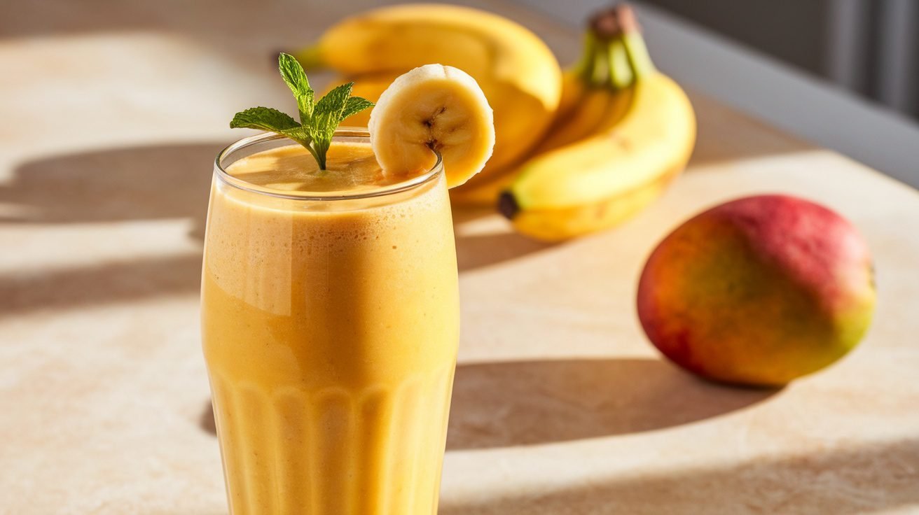 A tall glass of banana mango smoothie garnished with banana slice and mint, on a sunny kitchen countertop.