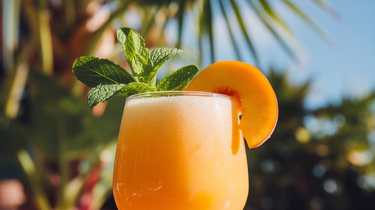 A refreshing Passionfruit Peach Cooler in a glass, garnished with mint and peach slice, set against a sunny tropical backdrop.