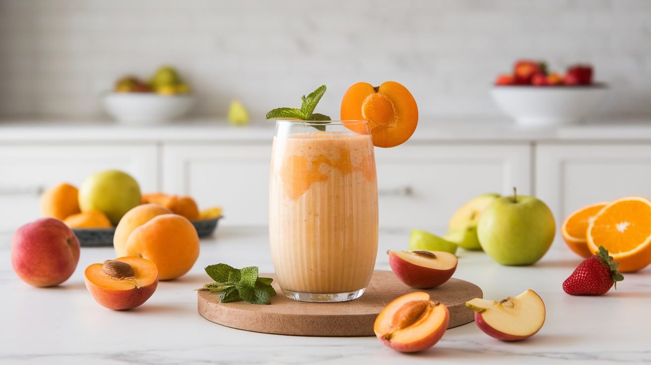 A refreshing apricot apple smoothie in a glass, garnished with apricot slice and mint.