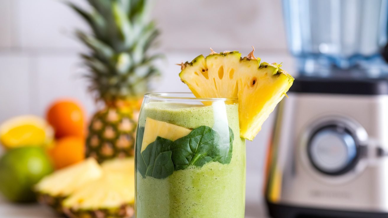A refreshing spinach pineapple smoothie in a glass, garnished with pineapple slice, on a bright kitchen counter.