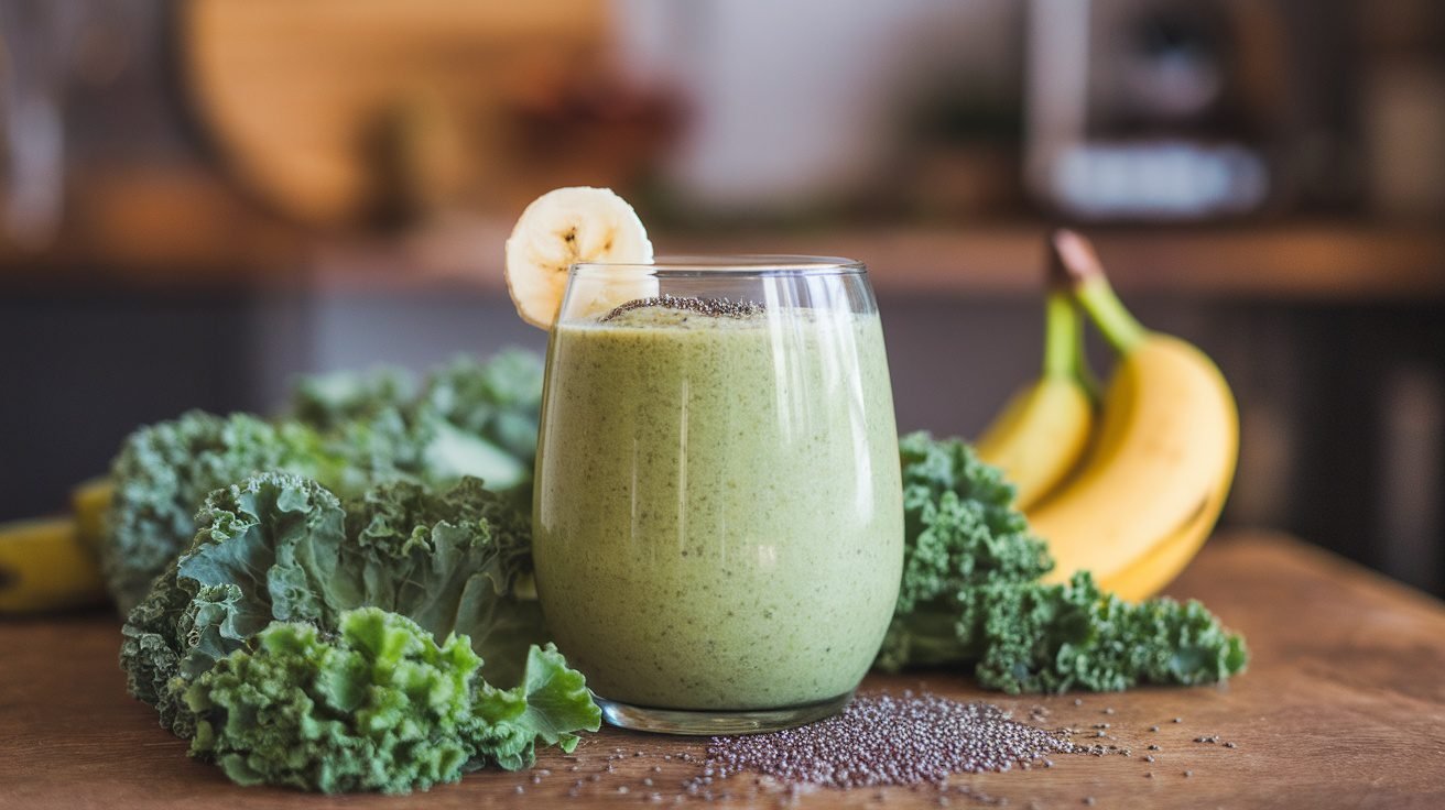 A green kale banana smoothie in a glass with banana slice and chia seeds, surrounded by kale and bananas.