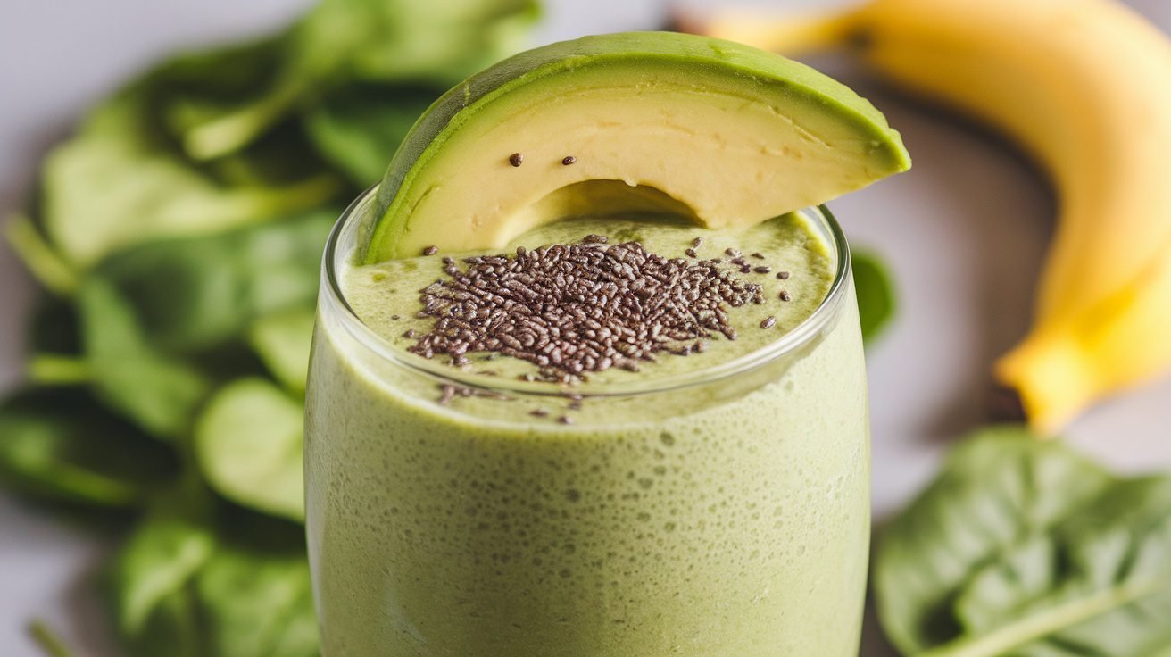 A refreshing green smoothie in a glass with avocado and chia seeds, surrounded by spinach and banana.