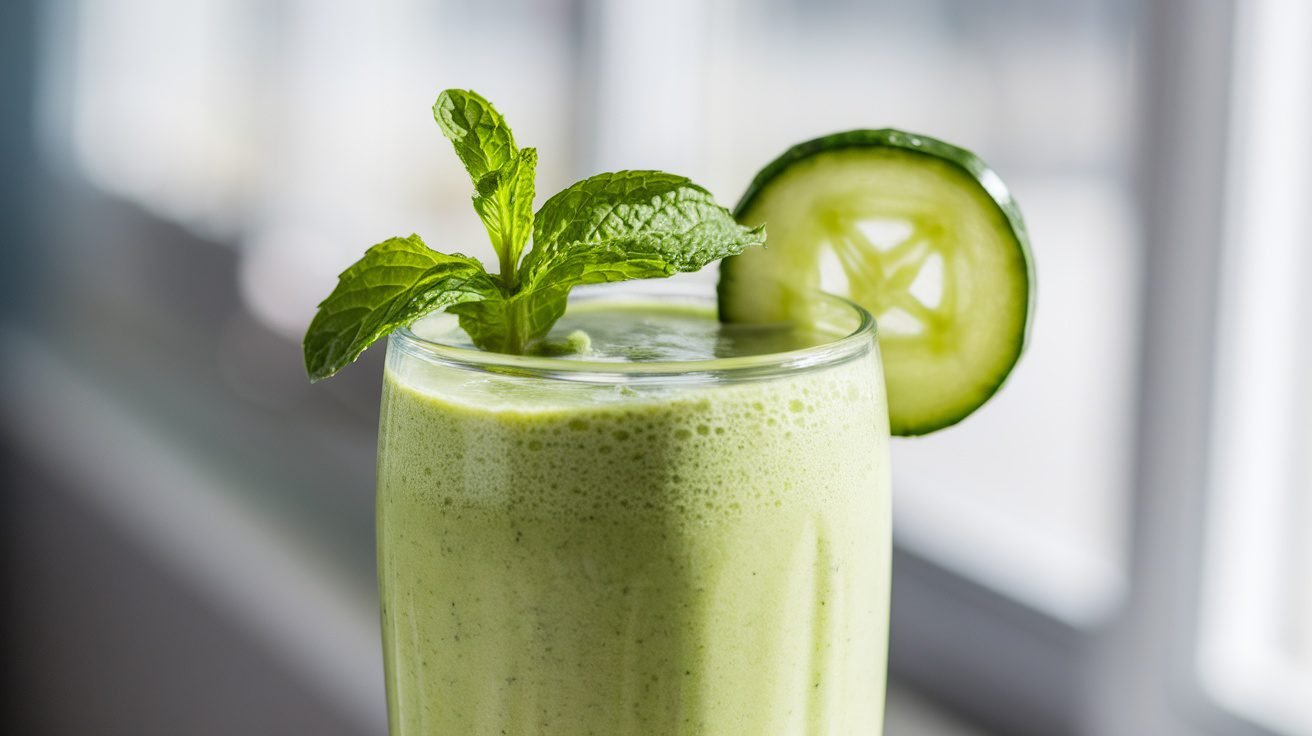 A tall glass of cucumber mint smoothie garnished with mint leaves and cucumber slice.