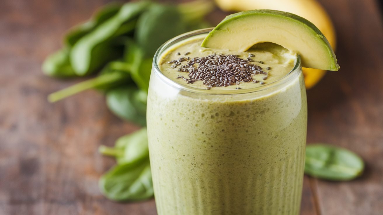 A green smoothie in a glass with avocado and chia seeds, surrounded by fresh spinach and banana.