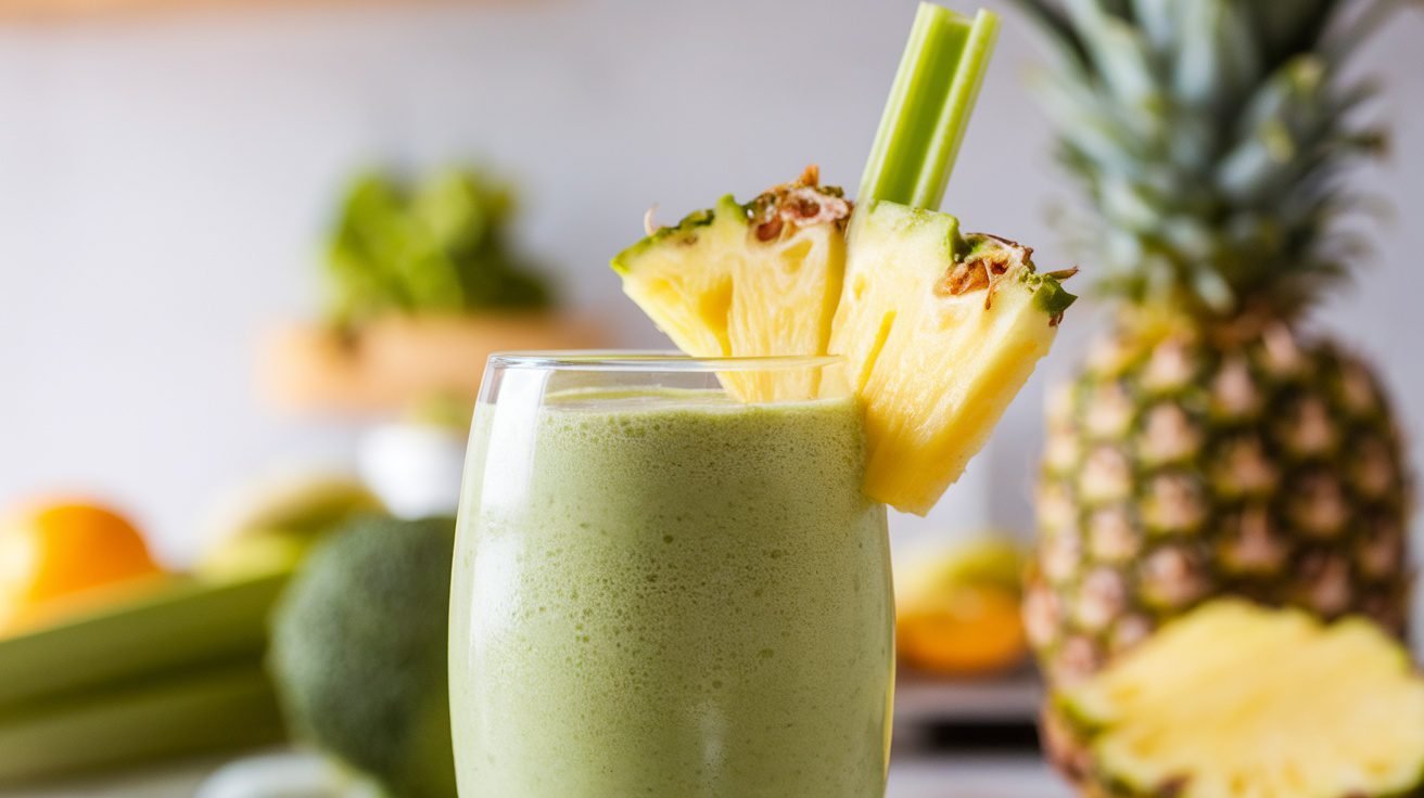 A green celery pineapple smoothie in a glass with pineapple slice and celery garnish.