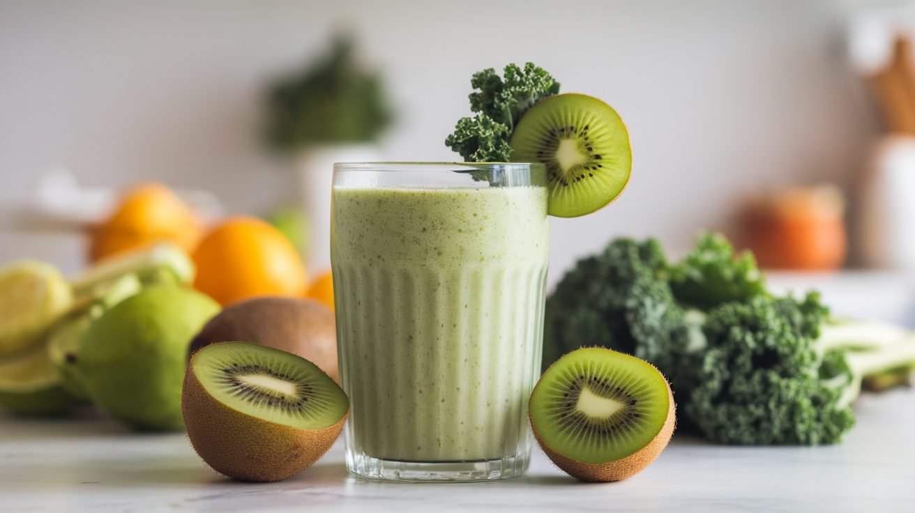 A refreshing green kiwi kale smoothie in a glass, garnished with kiwi slice and kale, surrounded by fresh fruits.
