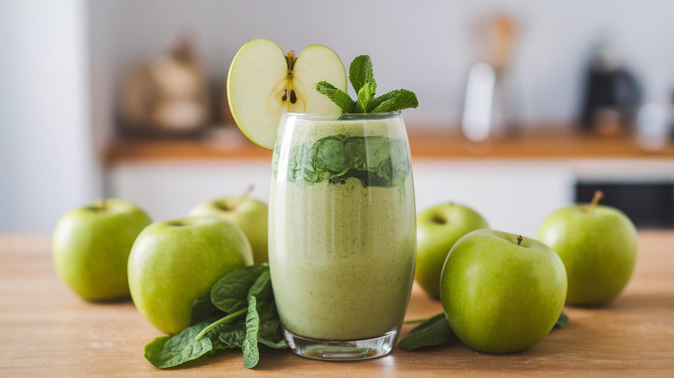 A refreshing green apple detox smoothie in a glass, garnished with apple slice and mint, on a wooden table.