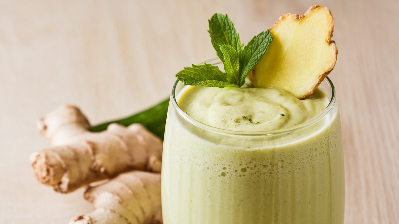 A refreshing Zucchini Ginger Slim Shake in a glass, garnished with ginger and mint, on a wooden table.