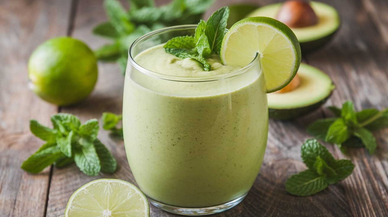 A refreshing avocado lime smoothie in a glass, garnished with mint and lime, on a wooden table.
