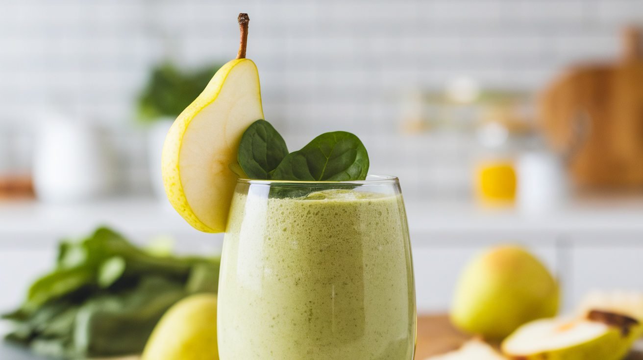 A green pear spinach smoothie in a glass, garnished with pear slice and spinach leaves.