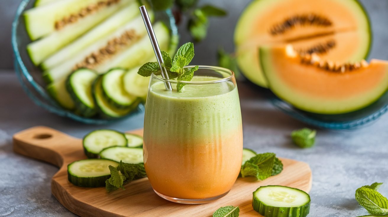 A refreshing cucumber melon smoothie in a glass with mint leaves, surrounded by slices of cucumber and melon.