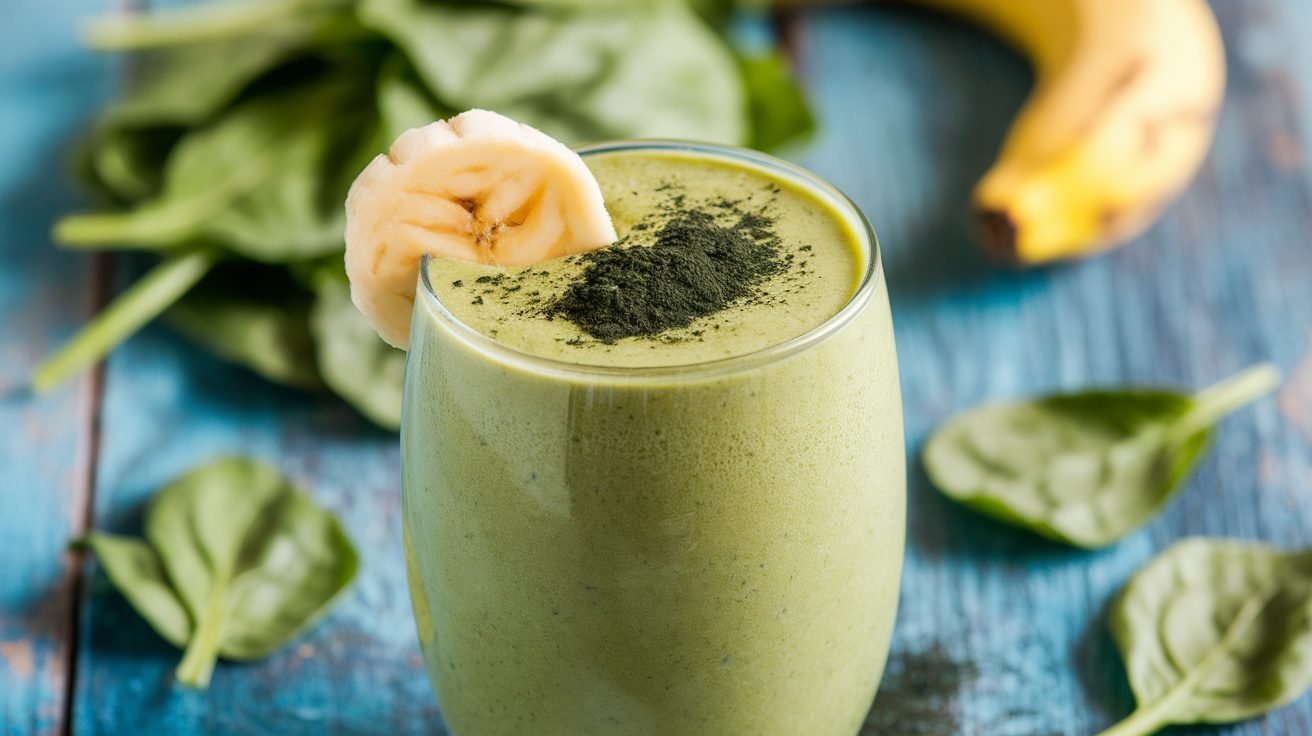 A green spirulina smoothie in a glass, garnished with banana, on a wooden table with spinach.