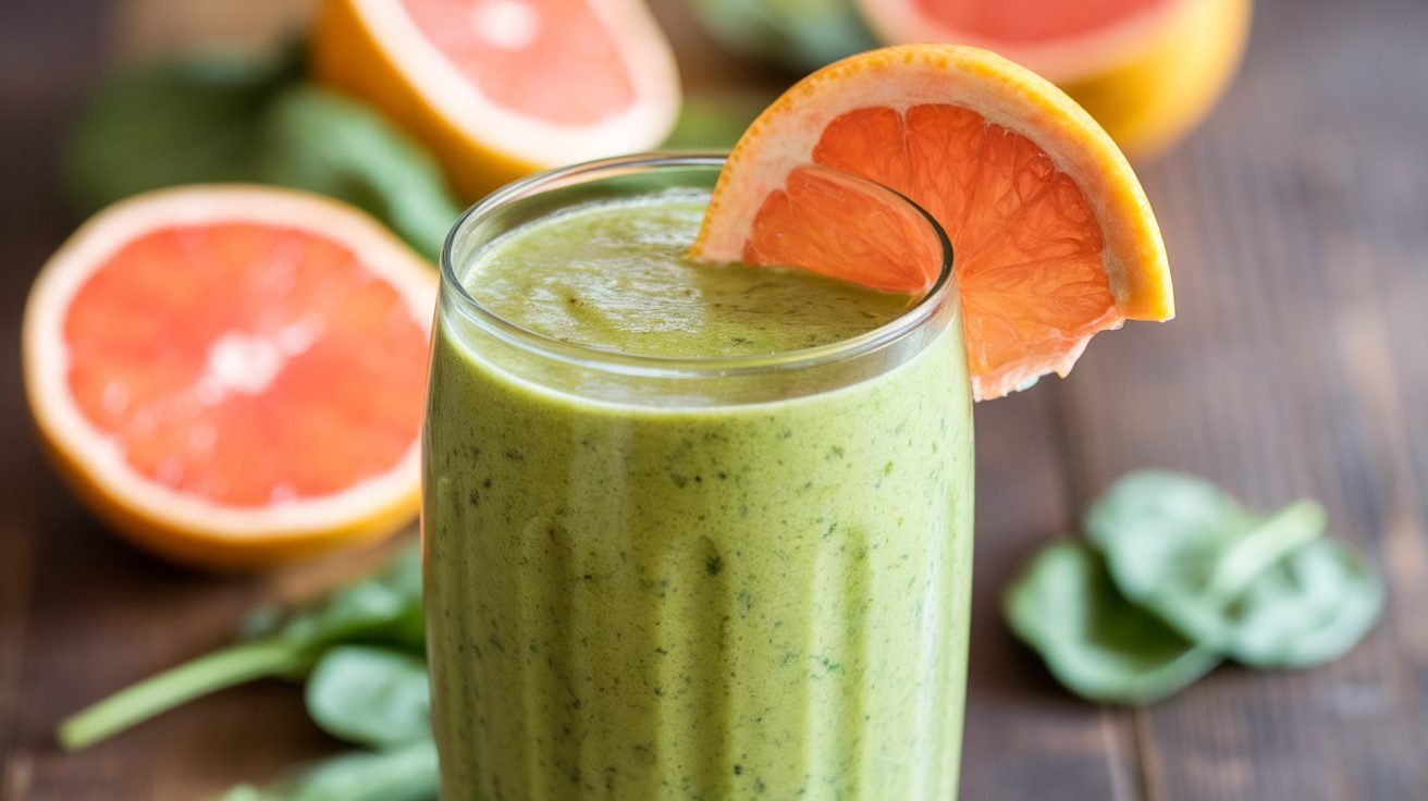 A refreshing green grapefruit smoothie in a glass, garnished with grapefruit slice, on a wooden table with fresh ingredients.