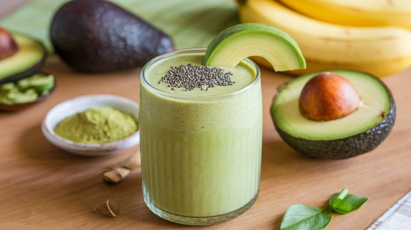 A refreshing matcha avocado smoothie in a glass, garnished with chia seeds, surrounded by fresh ingredients.
