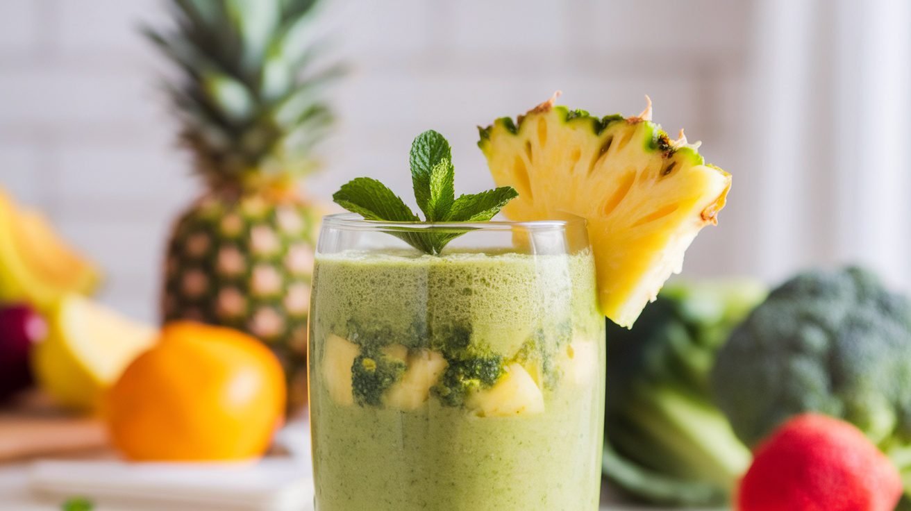 A refreshing green smoothie made with broccoli and pineapple, garnished with a pineapple slice and mint.