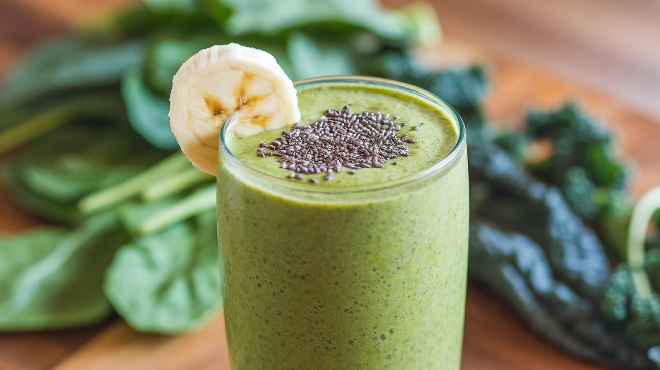 A refreshing green smoothie in a glass, garnished with banana and chia seeds, surrounded by fresh greens.