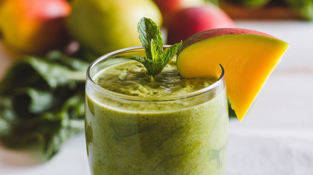 A refreshing Swiss chard mango smoothie in a glass, garnished with mango slice and mint, surrounded by fresh fruits.