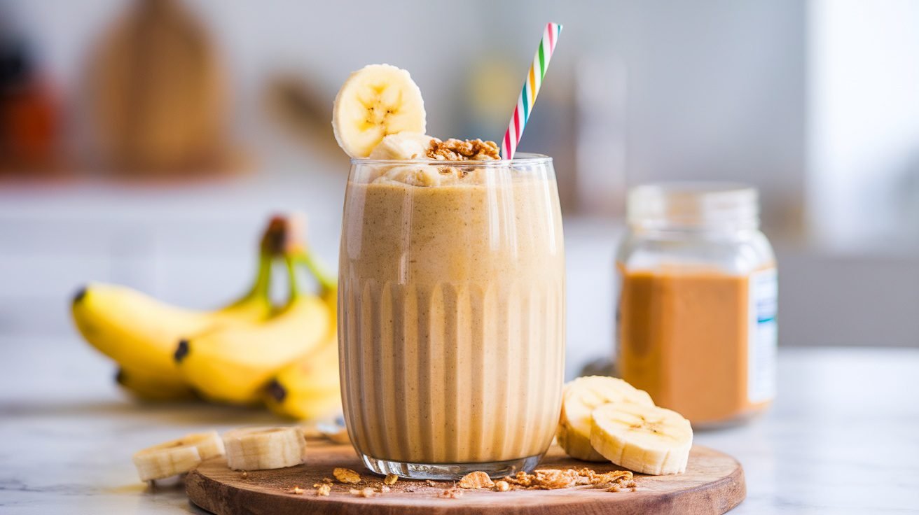 A delicious peanut butter banana smoothie in a glass, garnished with banana slices and granola.