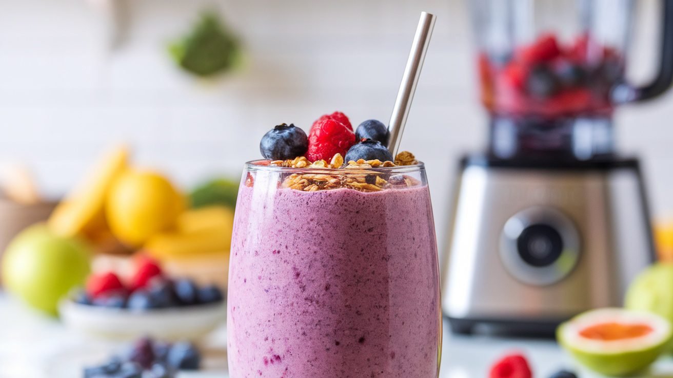 A creamy almond butter berry smoothie topped with fresh berries and granola in a glass.