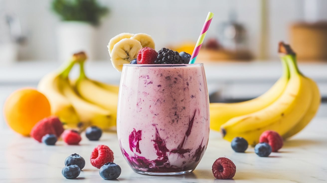 A refreshing Greek yogurt smoothie with bananas and berries in a clear glass, garnished with whole berries.