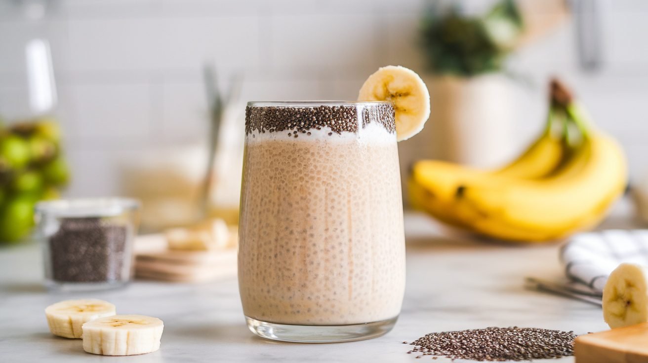 A creamy Chia Vanilla Strength Shake in a glass, topped with chia seeds and banana, on a bright kitchen counter.